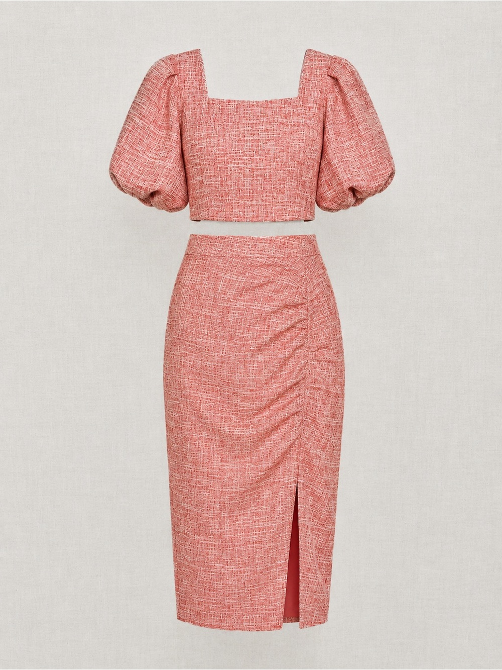 Entro Pink Tweed Puff Sleeve Crop Top Midi Skirt Matching Set Size Small NWT